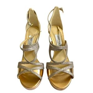 Rose Gold Jimmy Choo open toed strappy heels.